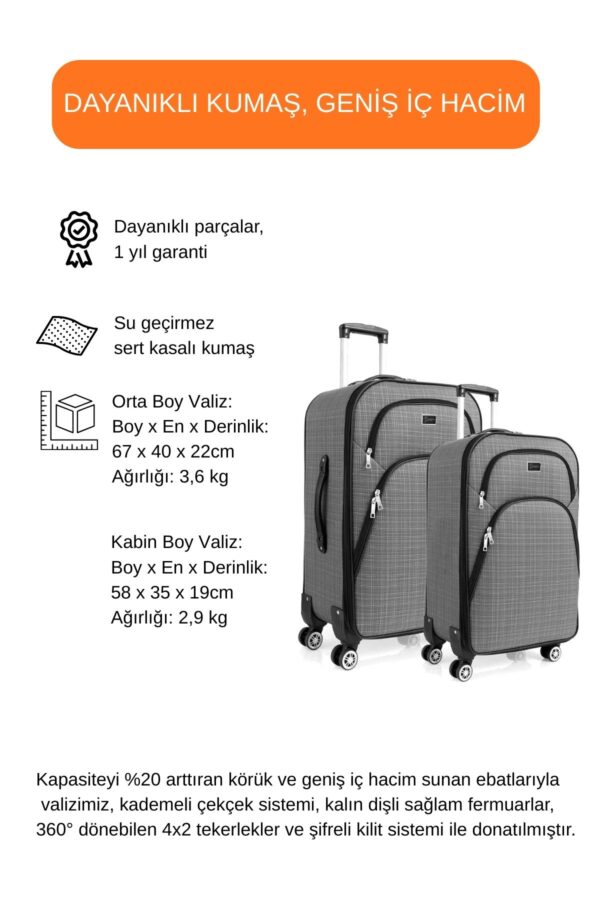 2'li Valiz Seti Orta Boy - Kabin Boy - Makyaj Gri 1081
