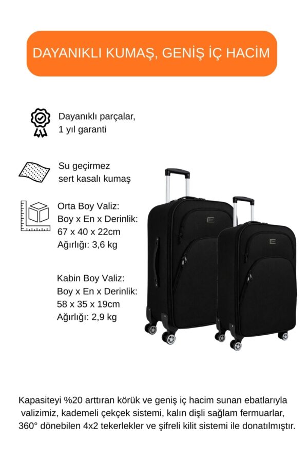 2'li Valiz Seti Orta Boy - Kabin Boy - Makyaj Siyah 1081