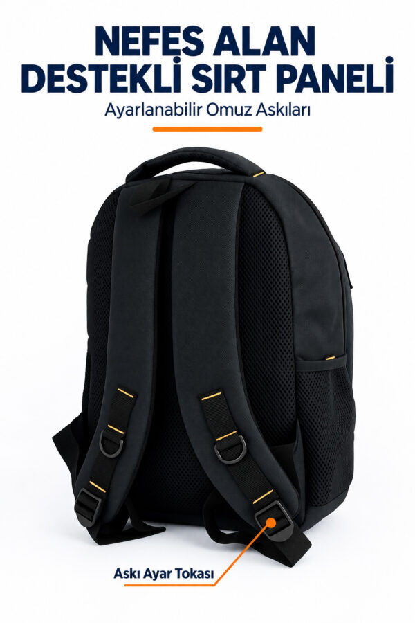 3 Bölmeli Okul Sırt Çantası (Laptop Bölmeli) Siyah-Turuncu 2121
