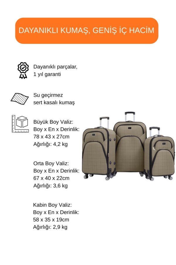 3’li Valiz Seti Büyük + Orta + Kabin Boy Kumaş Valiz Körüklü Geniş Hacimli 4 Teker Bej 1081