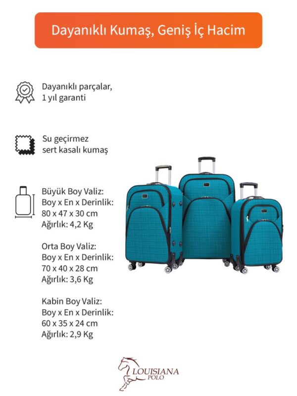 3’li Valiz Seti Büyük + Orta + Kabin Boy Kumaş Valiz Körüklü Geniş Hacimli 4 Teker Turkuaz 1081