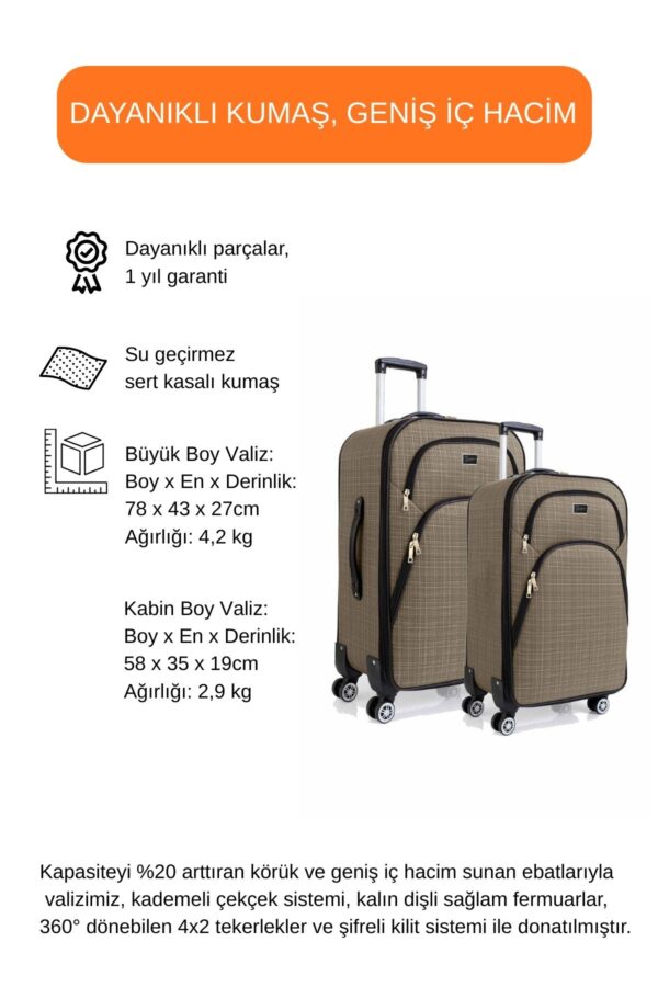 2’li Valiz Seti Büyük + Kabin Boy Kumaş Valiz Körüklü Geniş Hacimli 4 Teker Bej 1081