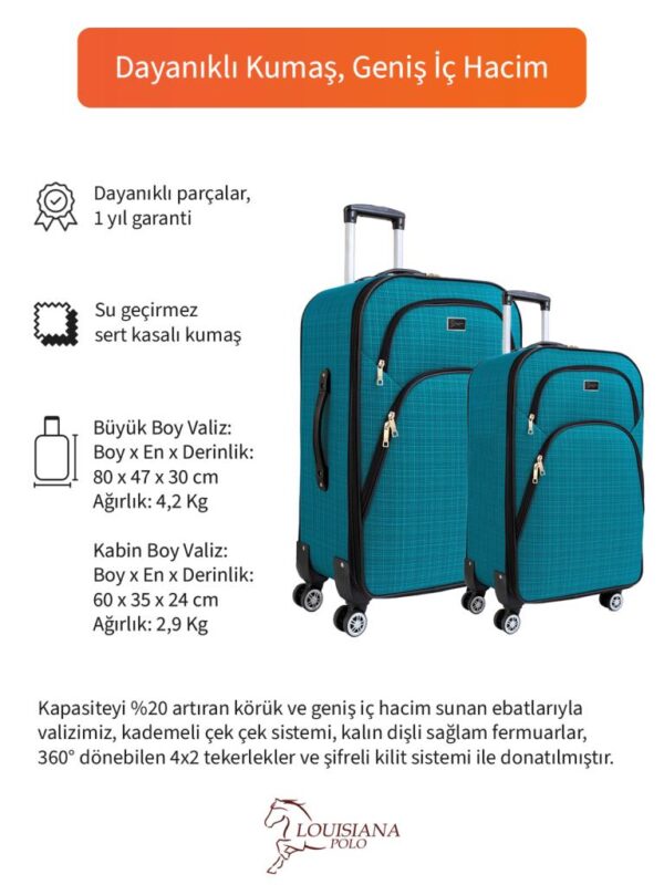 2’li Valiz Seti Büyük + Kabin Boy Kumaş Valiz Körüklü Geniş Hacimli 4 Teker Turkuaz 1081