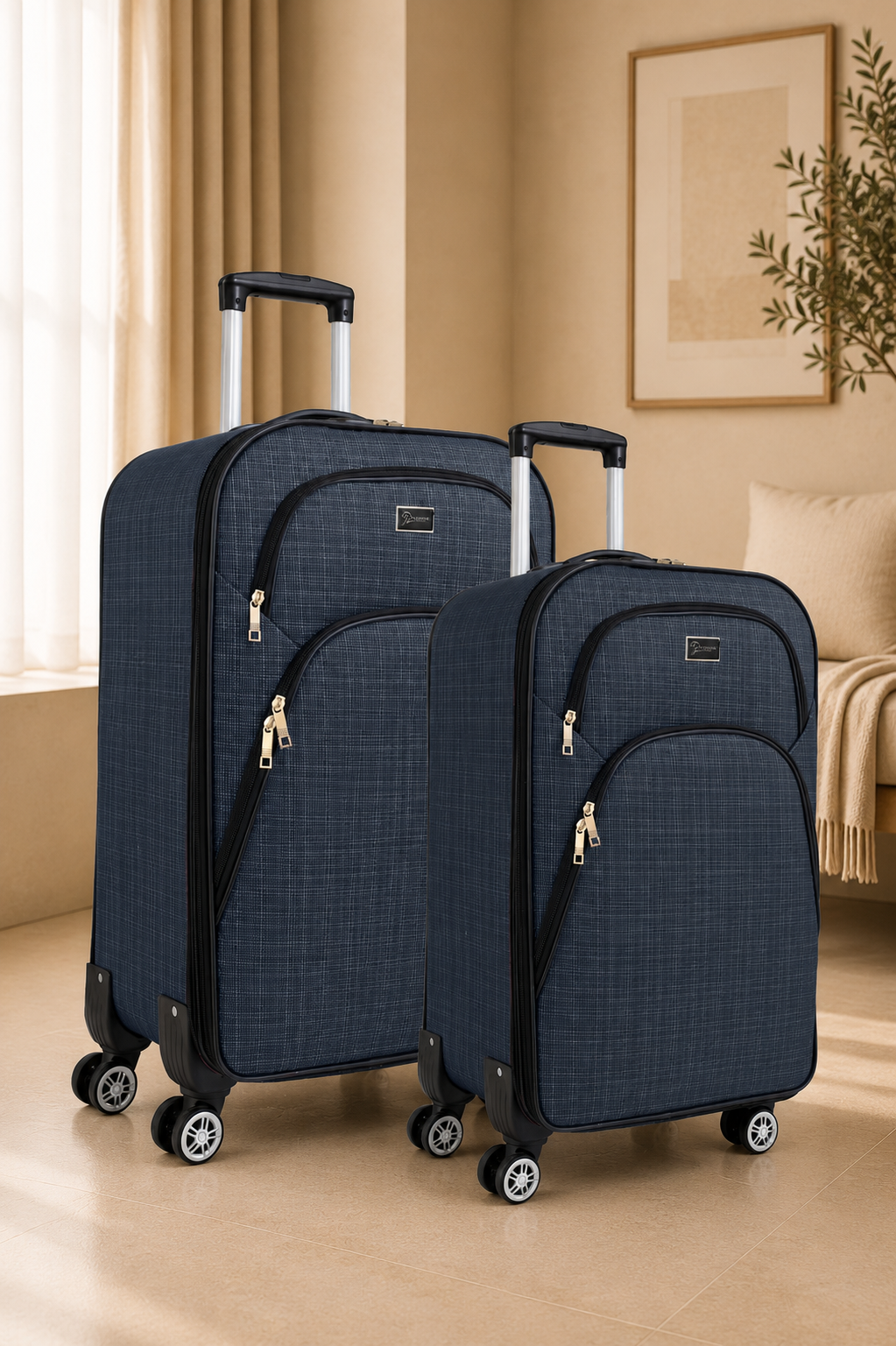 2’li Valiz Seti Büyük + Orta Boy Kumaş Valiz Körüklü Geniş Hacimli 4 Teker Navy Blue 1081