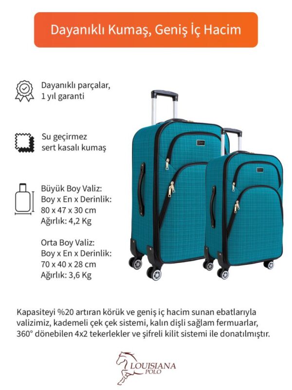 2’li Valiz Seti Büyük + Orta Boy Kumaş Valiz Körüklü Geniş Hacimli 4 Teker Turkuaz 1081