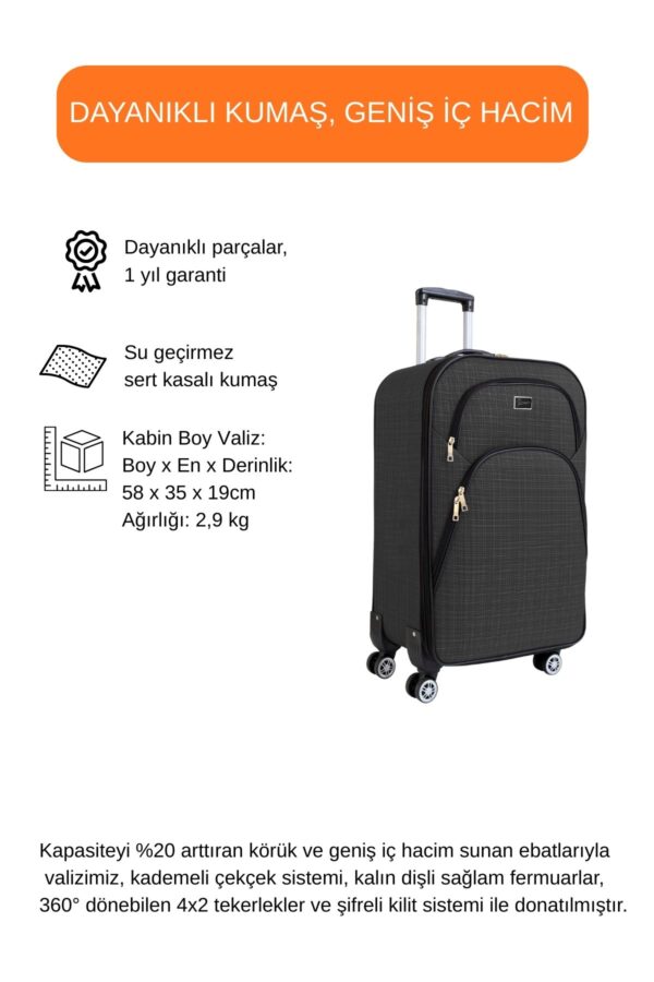 kabin-boy-4-teker-kumas-valiz-antrasit-1081-144232.jpg Kabin Boy Kumaş Valiz Körüklü Geniş Hacimli Su Geçirmez 4 Tekerlekli Hafif Dayanıklı Koyu Gri 1081