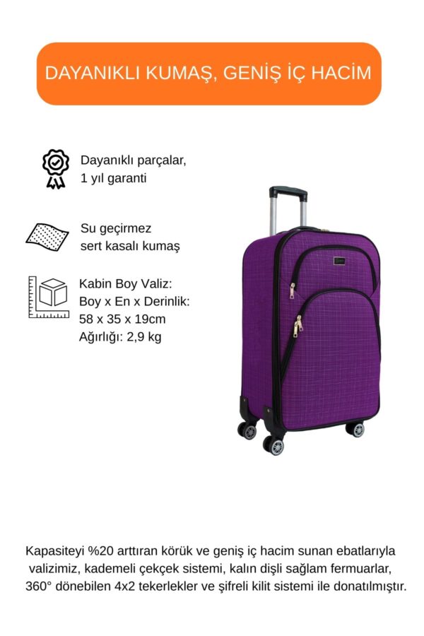 kabin-boy-4-teker-kumas-valiz-mor-1081-138299.jpg Kabin Boy Kumaş Valiz Körüklü Geniş Hacimli Su Geçirmez 4 Tekerlekli Hafif Dayanıklı Mor 1081