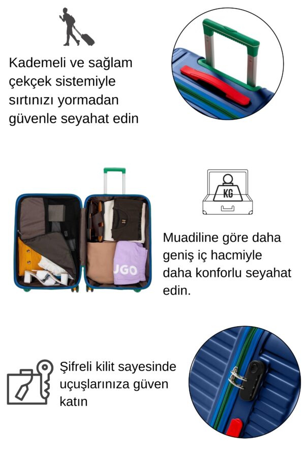 2’li Valiz Seti Orta + Kabin Boy Polikarbon Geniş Hacimli Darbe Dayanıklı 4 Teker Lacivert 1088