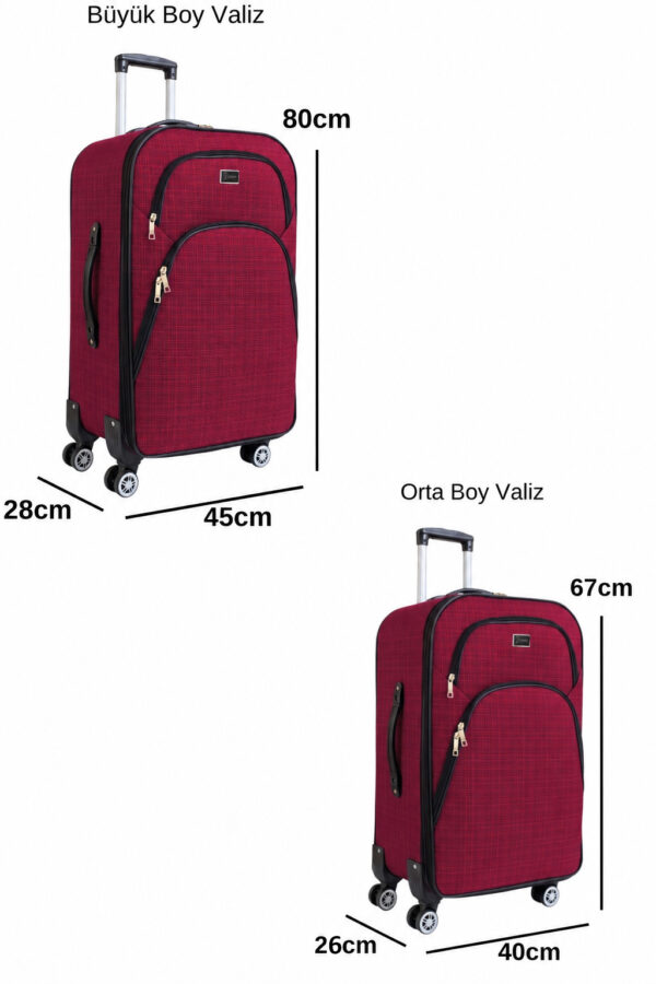 2’li Valiz Seti Büyük + Orta Boy Kumaş Valiz Körüklü Geniş Hacimli 4 Teker Bordo 1081