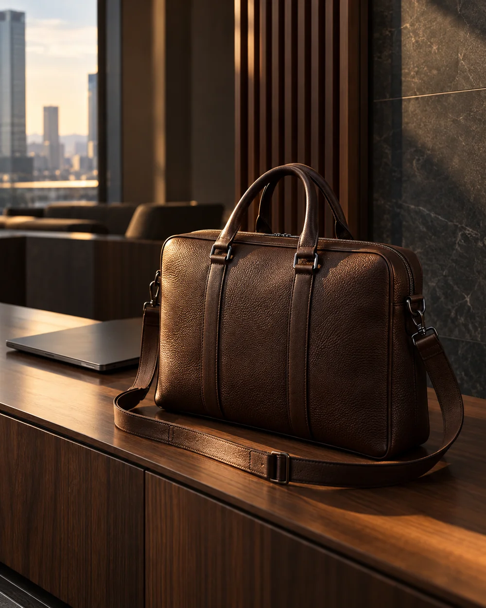 Koyu ahşap lounge ortamında espresso deri laptop ve evrak çantası